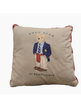 Vintage 1990s Ralph Lauren Polo Bear Pillow, Khaki Twill Canvas Red Trim, Preppy